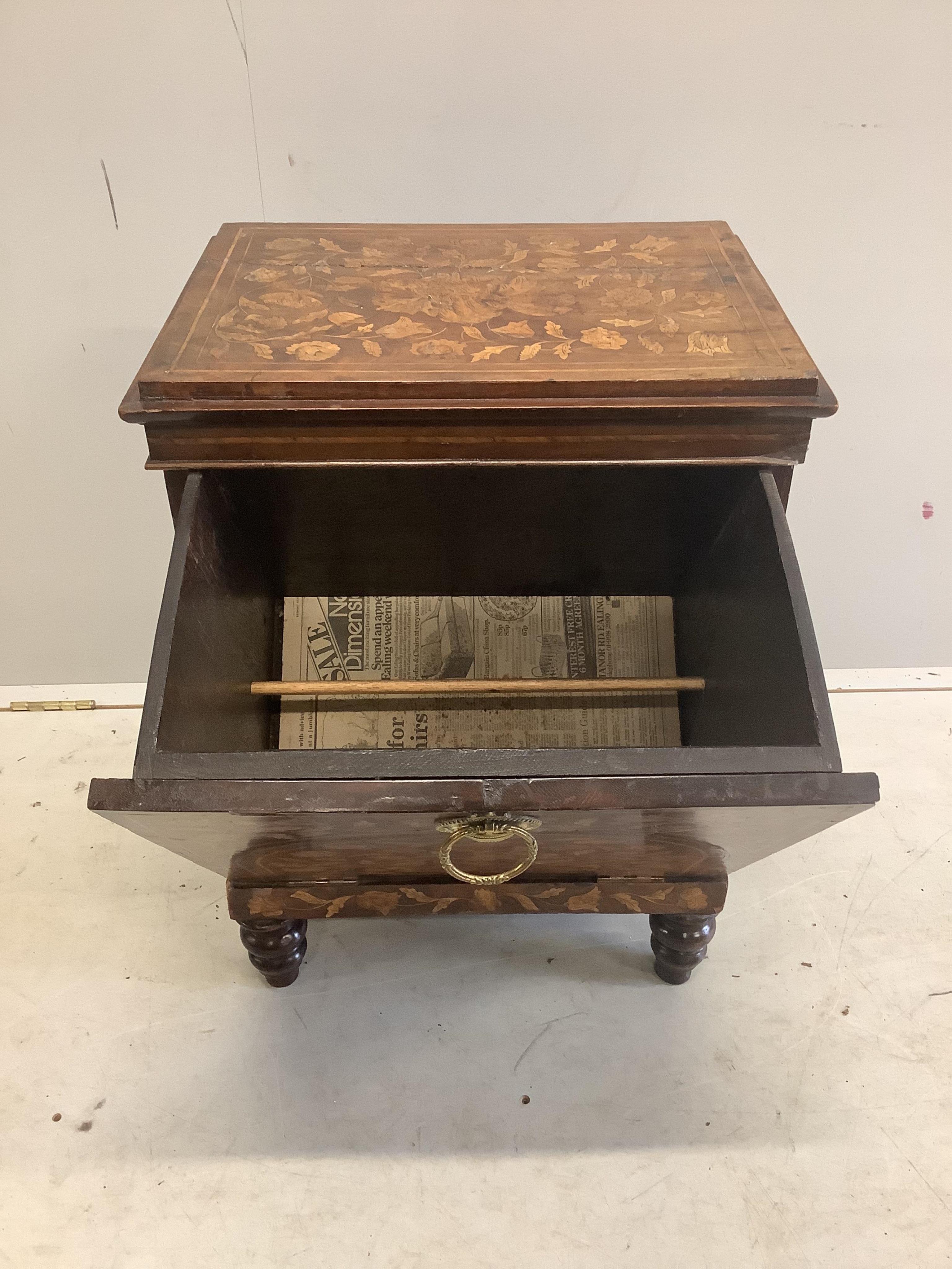 A 19th century Dutch floral marquetry inlaid walnut coal purdonium, width 49cm, depth 37cm, height 68cm. Condition - poor to fair